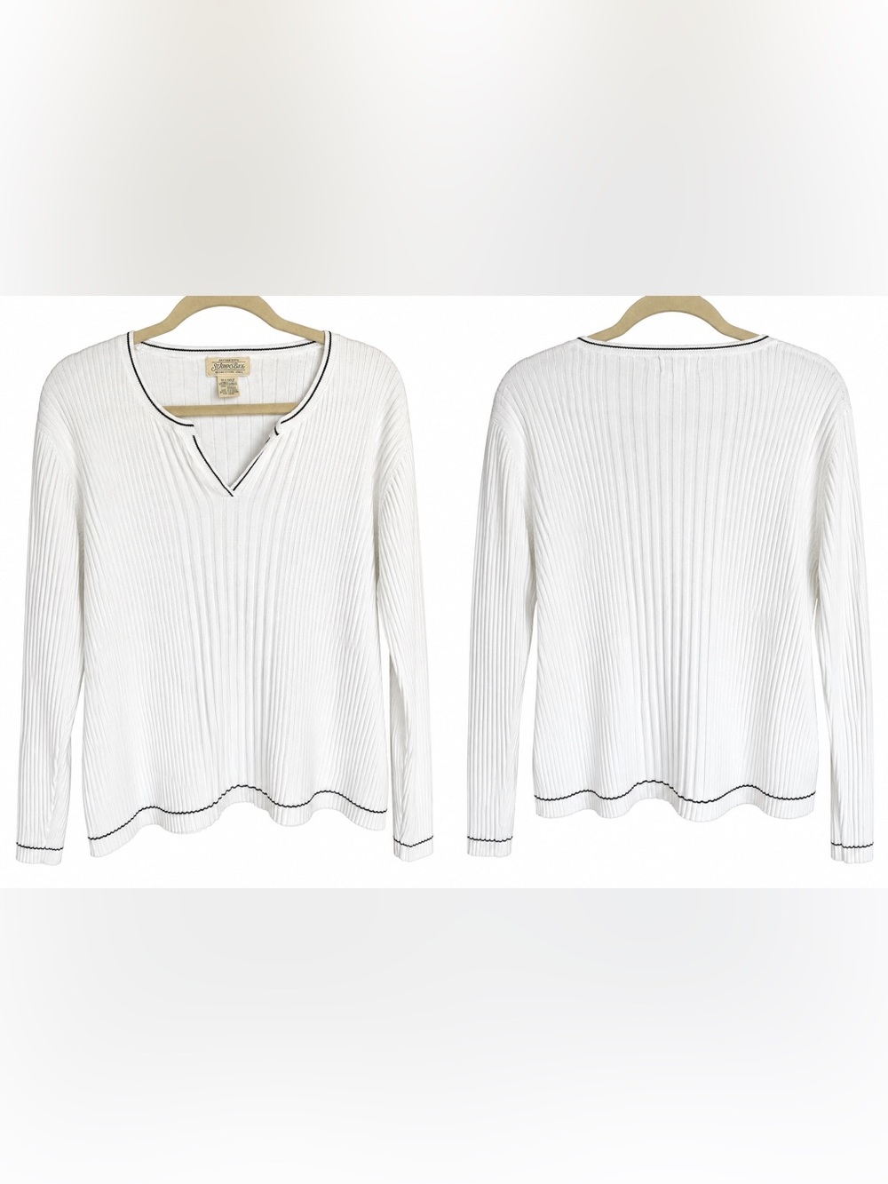 St. John's Bay White Ribbed Knit Scalloped Hem Sweater Black Trim XL